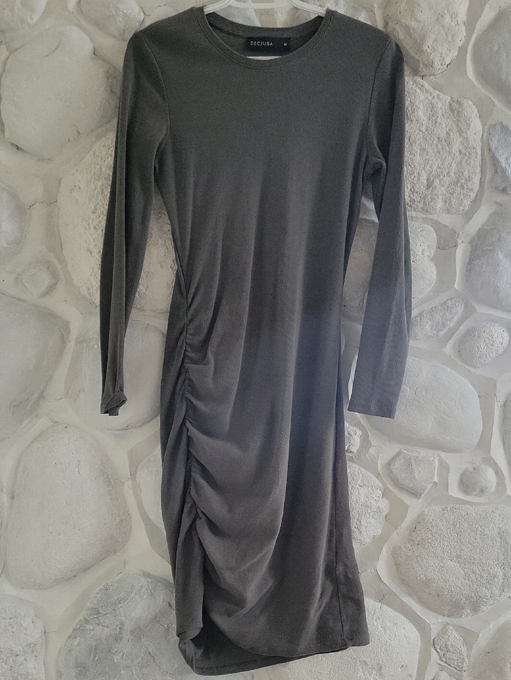 DECJUBA Deep Green Long Sleeve Ruched Midi Dress
